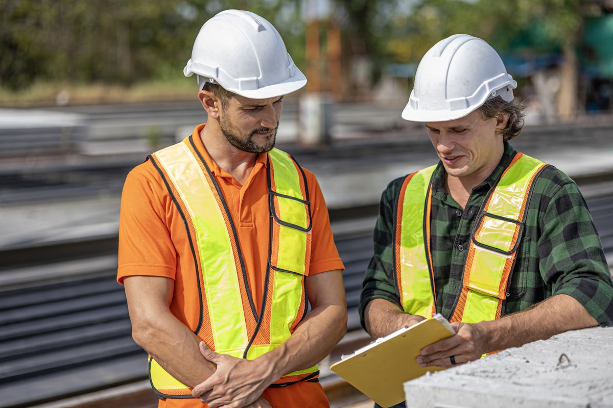 Two engineers in hard hats reviewing plans at a construction site