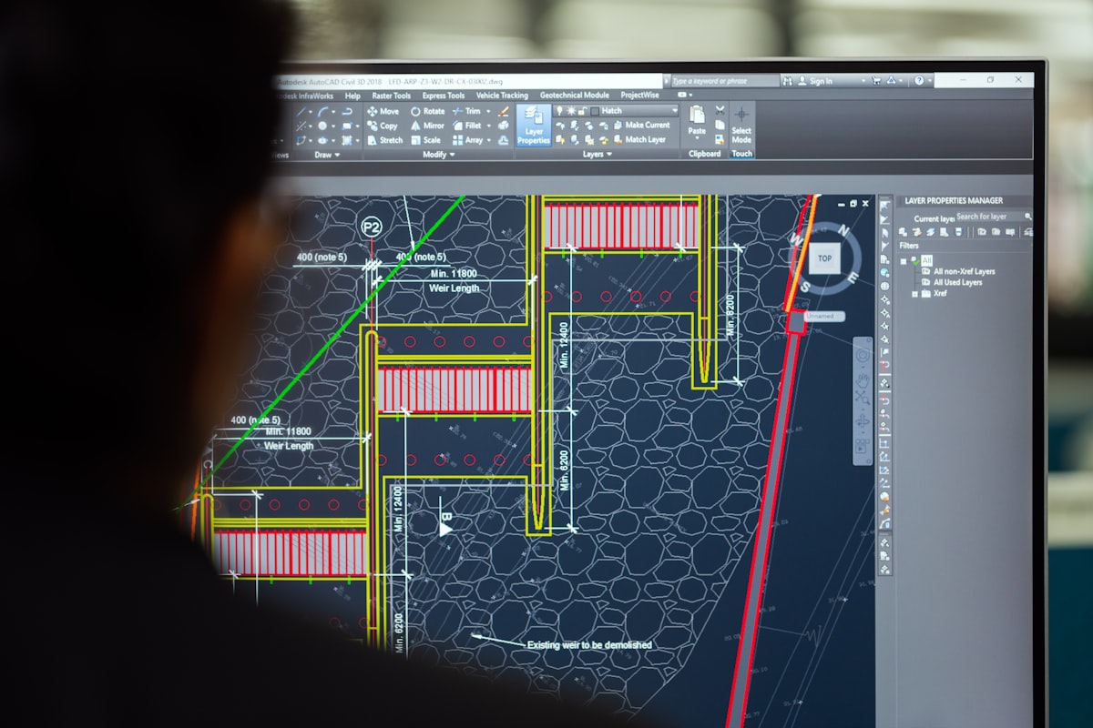 Engineer working on an electrical CAD drawing on a monitor