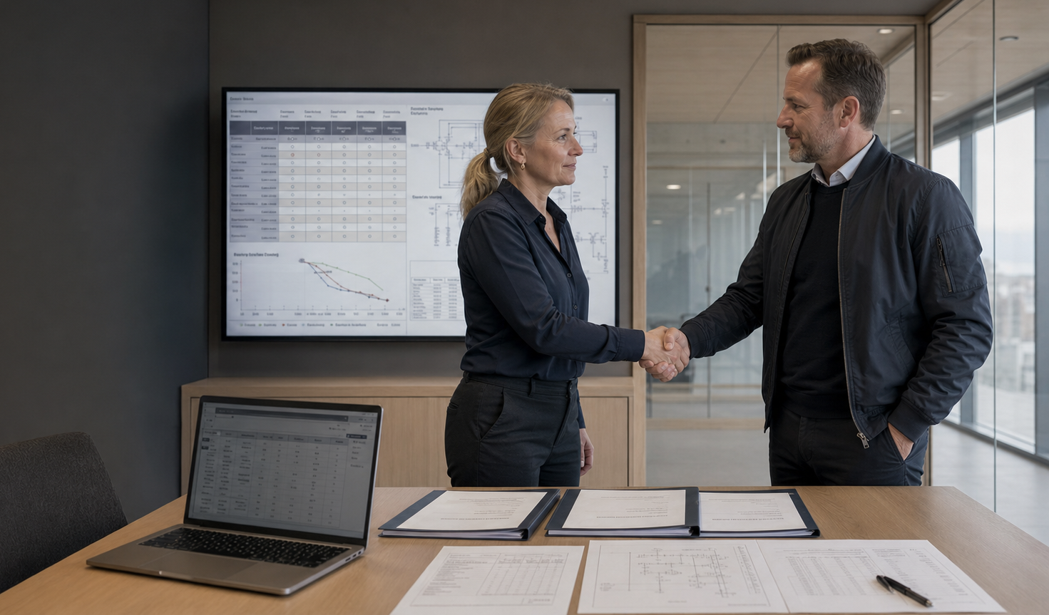 Engineers shaking hands over system specifications in a meeting room