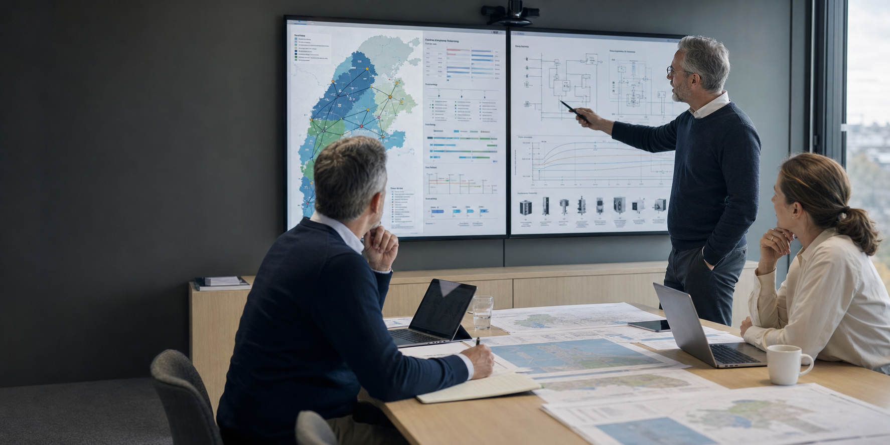 Team reviewing grid maps and system diagrams in a meeting room