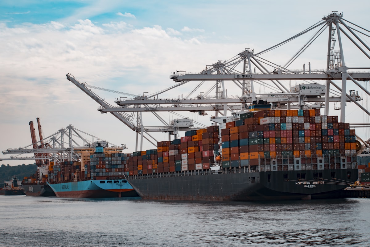 Container ships docked at berth under port cranes