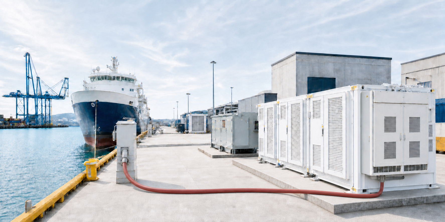 Battery energy storage containers on the quay powering a ship at berth